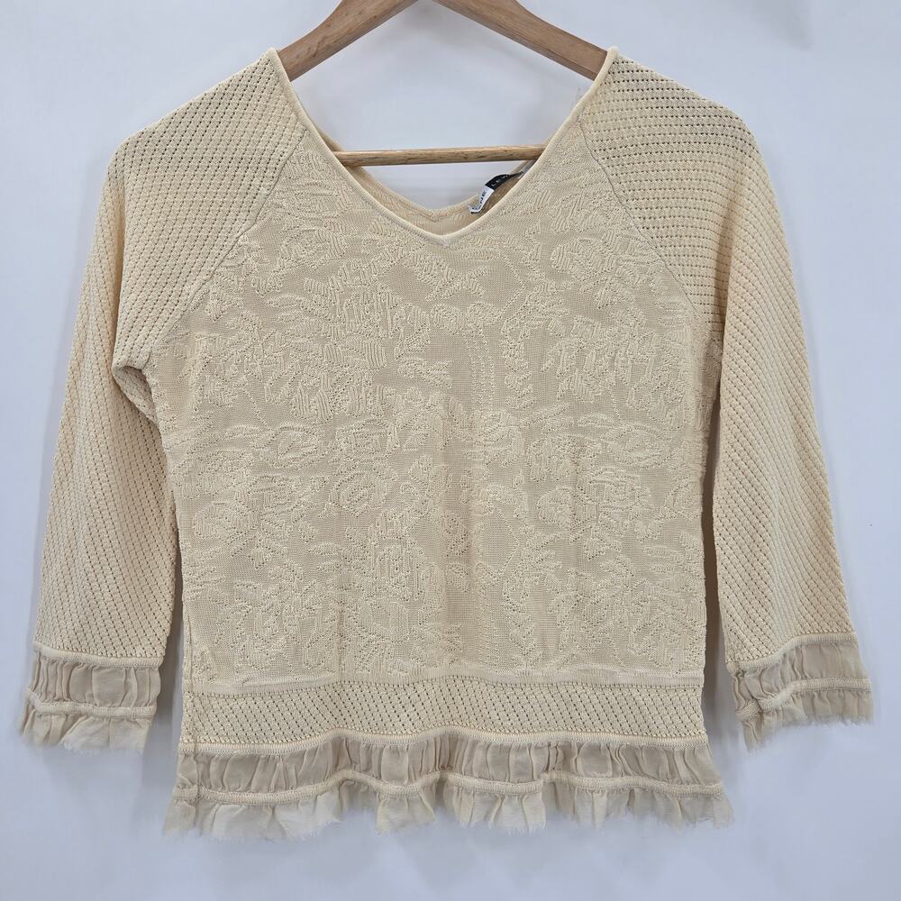 Dane Lewis Women Vtg 90s Y2K Coastal Boho Cottage 3D Knit Silk Ruffle Sweater M